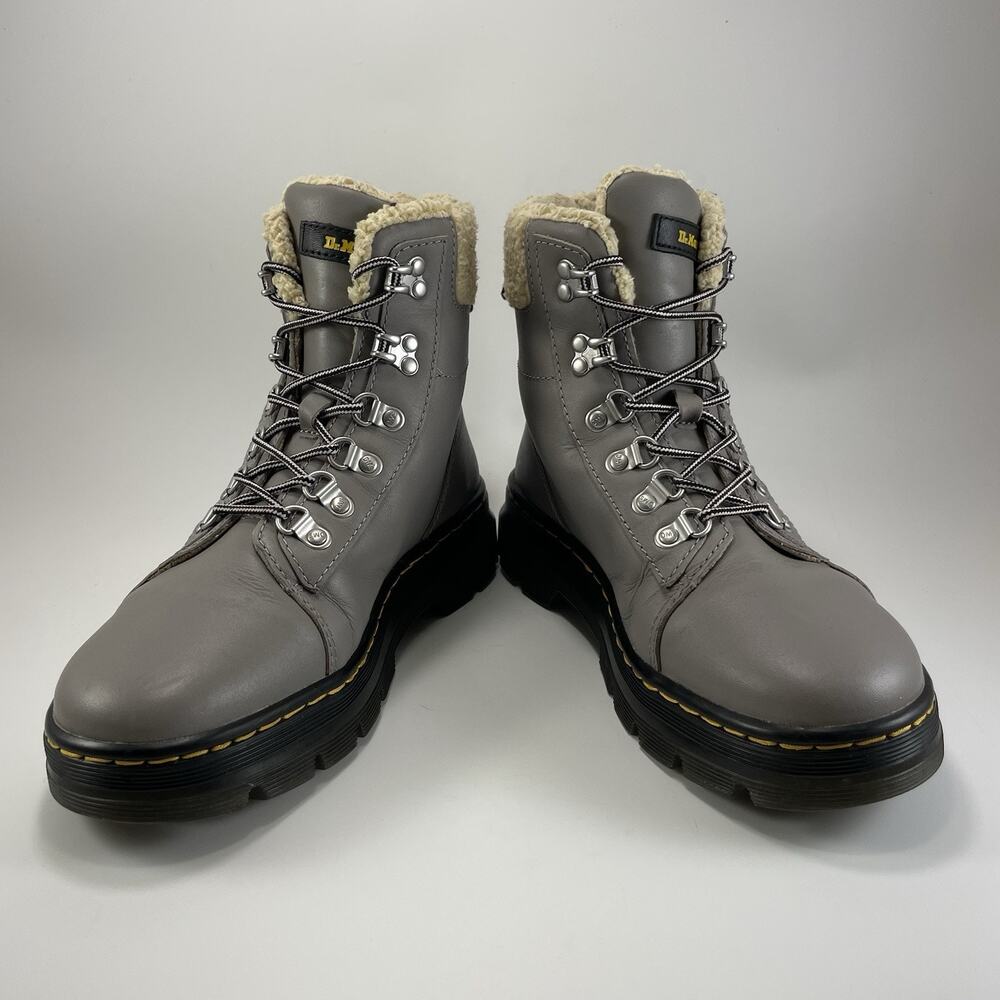Dr. Martens Doc W FL Combs Faux Fur Combat Boots Womens Size 8 Gray Leather - Picture 9 of 11
